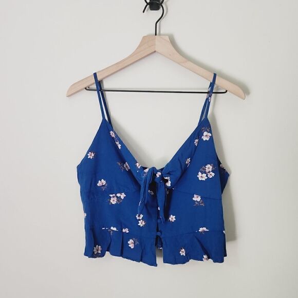 American Eagle Blue Floral Ruffle Cropped Tank Size Large - Picture 2 of 9